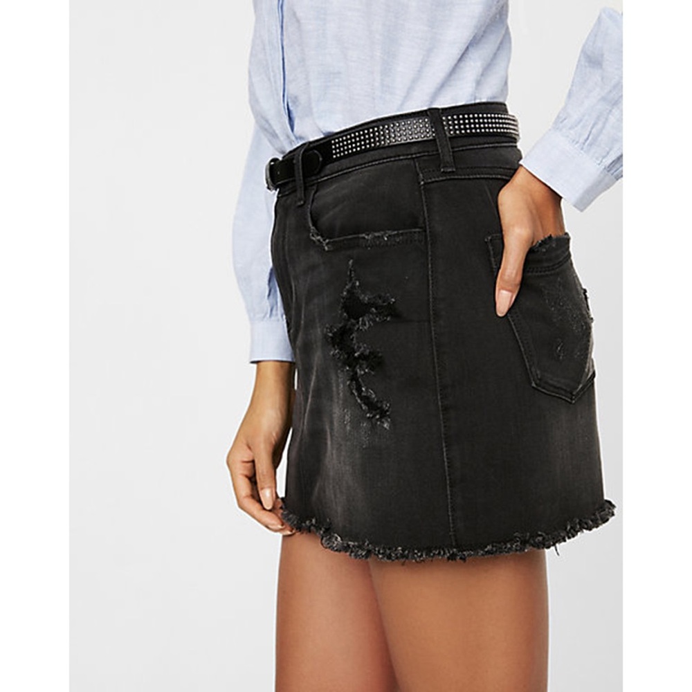 Express Petite Stretch Straight Midrise Mini Denim Skirt Distressed Black 6